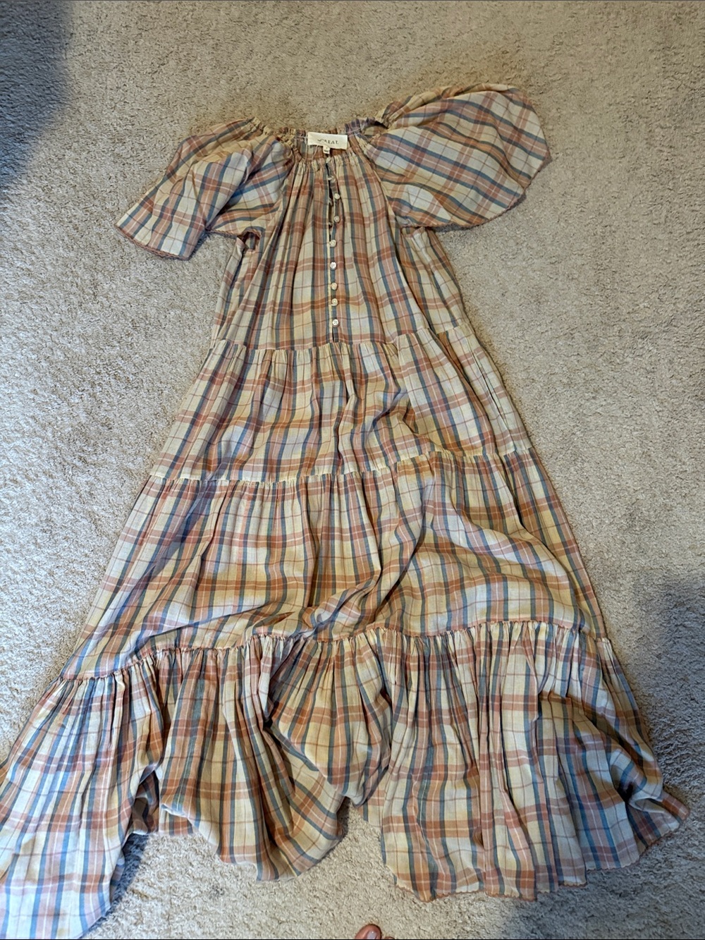 The Great size 0 plaid  Tiered Maxi Dress in Neutral Blue & Tan